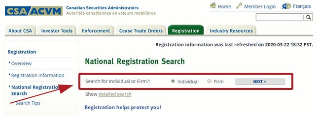 National Registration Search individual or firm selection