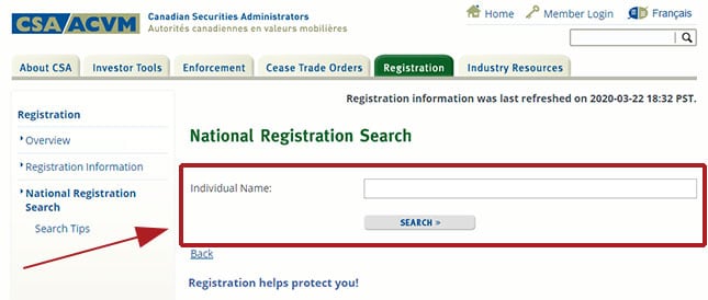 National Registration Search name entry screen